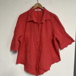 Solitaire Women's 1X Coral Button Front‎ Embroidered Shirt Bohemian 3/4 Sleeve